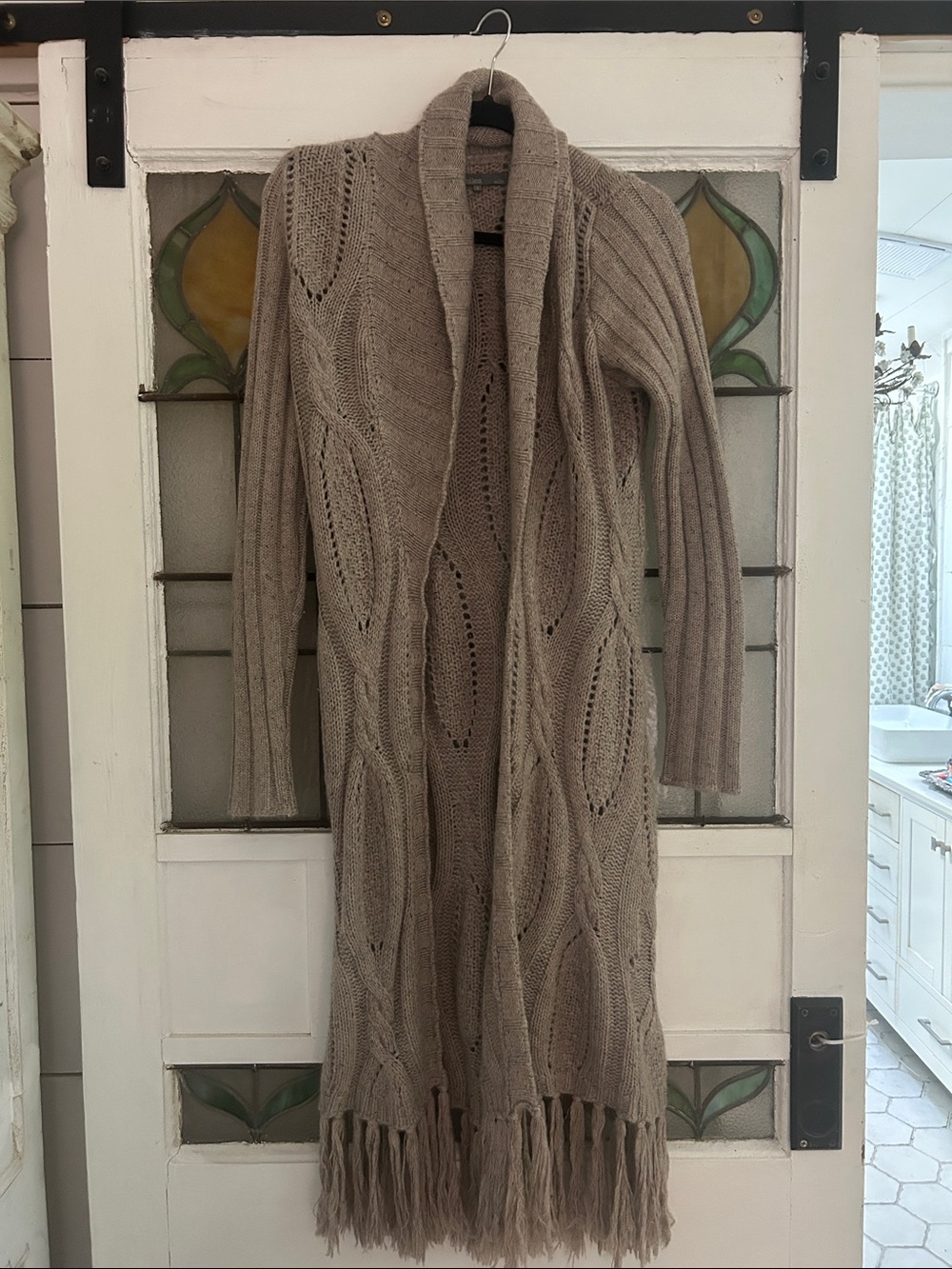 27 Miles Malibu cashmere Long Taupe Fringe Open-Front Cable Knit Cardigan